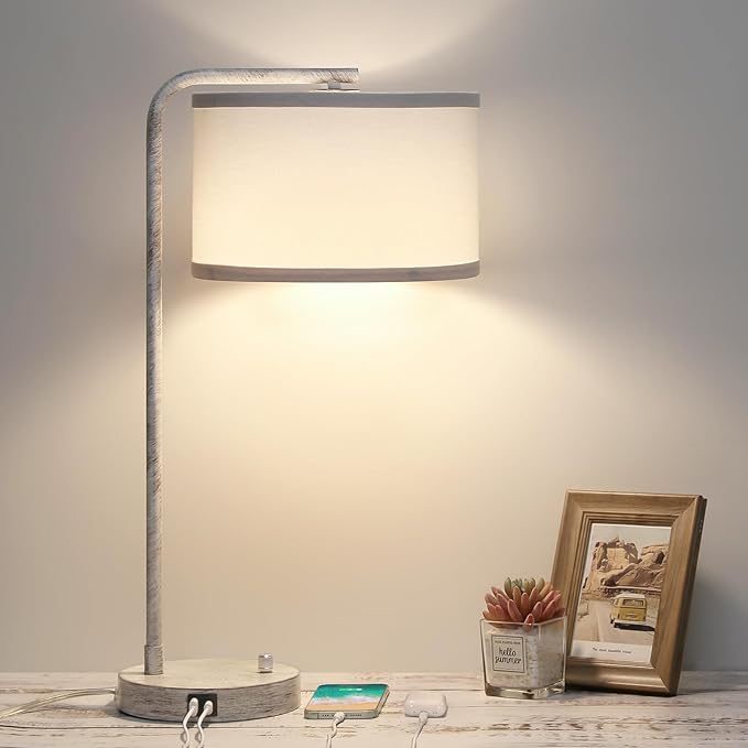Seaside village Bedside Table Lamp with USB C+A Charging Ports, Fully Stepless Dimmable Modern Farmhouse Nightstand Lamp, Tall Reading Desk Lamp for Bedroom, Living Room, Office, 9W LED Bulb Included