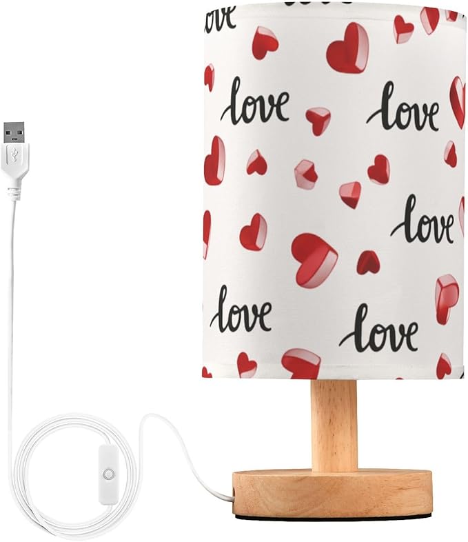 Red Love LED Table Lamp, Bedside Lamp with Linen Lampshade, Flicker-Free Eye Care USB Plug in Nightstand Lamp, for Bedroom and Office