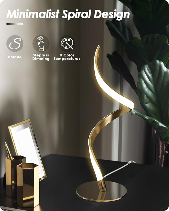 Yarra-Decor Modern Spiral Bedside Lamp - 3 Colors Touch Control LED Table Lamp, Stepless Dimmable Nightstand Lamps for Bedroom Living Room & Office, Gold(3000K 4000K 5000K)