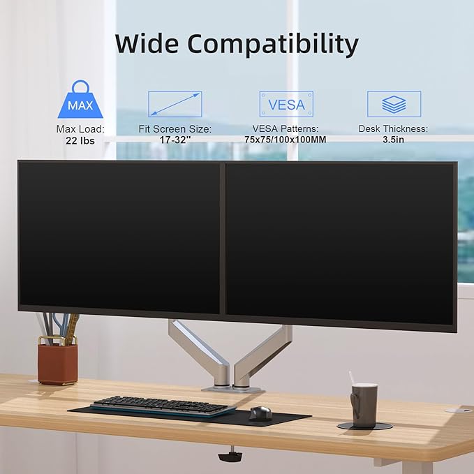 Suptek Dual Monitor Mount Stand-Height Adjustable Gas Spring Monitor Arm Desk Mount for 2 Computer Screens 17 to 32 inches - Each Arm Holds up to 22lbs,Silver(MD8SPS)
