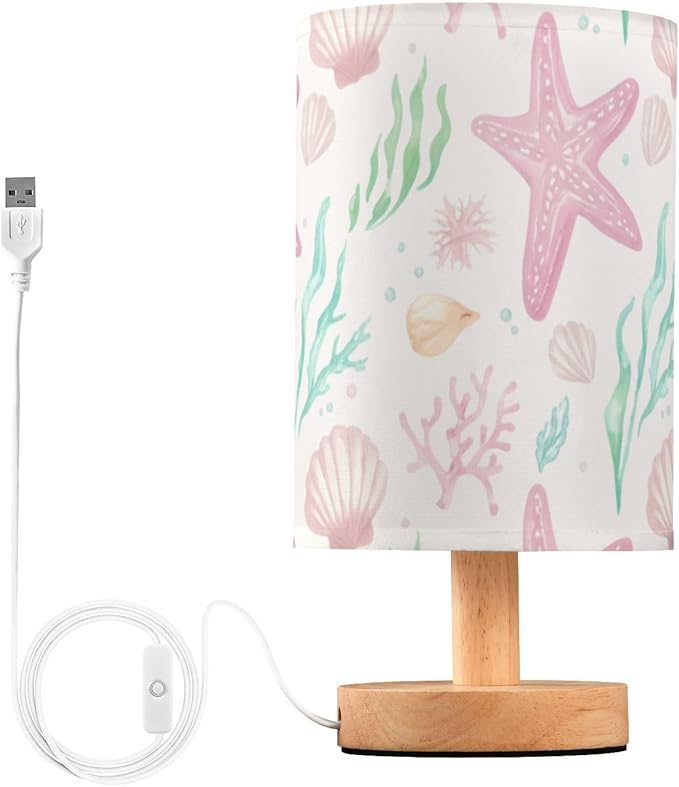 Pastel Starfish LED Table Lamp, Bedside Lamp with Linen Lampshade, Flicker-Free Eye Care USB Plug in Nightstand Lamp, for Bedroom and Office