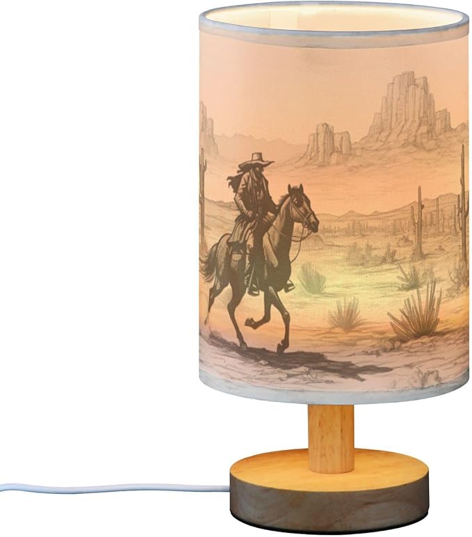 Western Cowboy Bedside Table Lamp for Bedroom Nightstand, Small Eye Care LED Desk Reading Lamp USB Port Wood Base Round Flaxen Fabric Shade for for Kids Room Living Room Office Desk