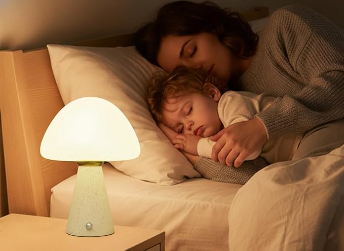 10.2 inch Mushroom Lamp, Cute Cordless Rechargeable Table Lamp with Glass Shade, 3 Color Temps LED Dimmable Ambient Lighting, Small Retro Touch Bedside Light for Decor, Resin Base.