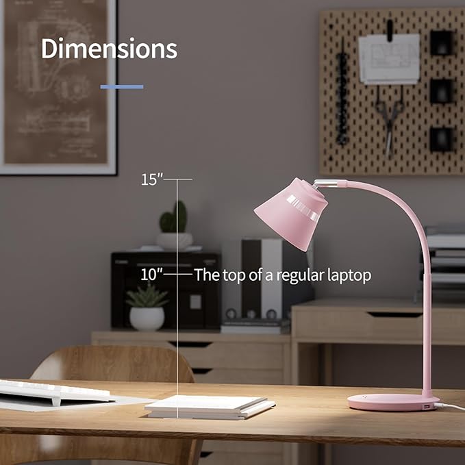 AXX TU08 Pink Cute Desk Lamp with USB Charging Port, 650 Lumens 3-Color Modes, 5-Touch Dimming, 30/60-Minute Timer, 18-Inch LED Small Table Light for Kids Teen Girls, College Dorm Room Essentials