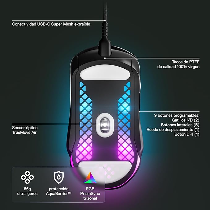 SteelSeries Aerox 5 - Holey RGB Gaming Mouse - Ultra-lightweight Water Resistant Design - 18K DPI TrueMove Air Optical Sensor