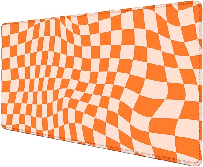 Orange Checkered Large Mouse Pad, Boho Pink Desk Mat Pad, Extended Kawaii Mousepad Stitched Edges Keyboard Mouse Mat, Desk Accessories for Women Office Gaming Decor, 35.4 x 15.7 in