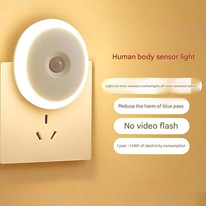Plug-in Motion Sensor Night Light — Energy-Saving 0.7W Warm White, Auto On/Off (3–5m) & Ambient Light Sensing, Flicker-Free Eye-Care LED — Hallway, Bathroom, Bedroom, Nursery, Stairs