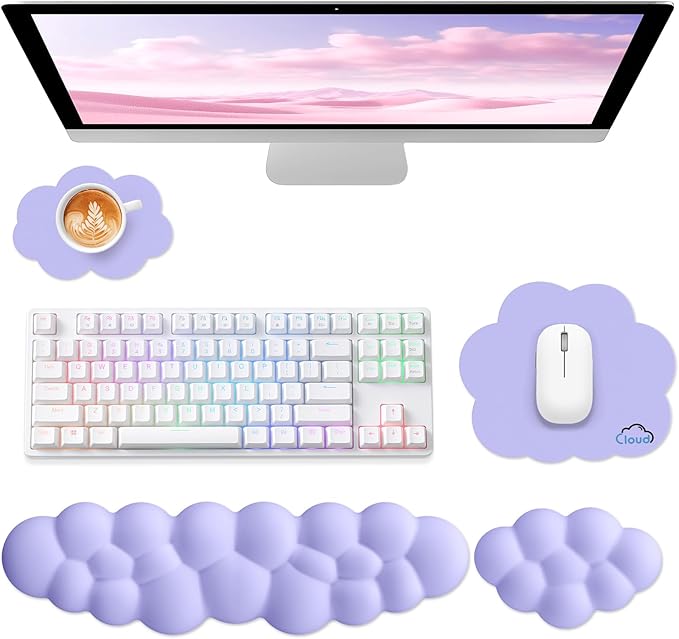 Cloud Wrist Rest for Computer Keyboard, 4-in-1 Memory Foam Leather Cloud Keyboard Wrist Rest and Mouse Pad Set with Ergonomic Support for Arm and Palm Cushion, Gaming/Work Setup, Purple