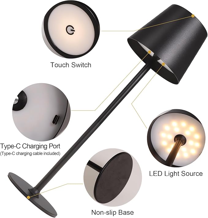 ORALUCE Cordless Table Lamp Rechargeable, Battery Operated LED Desk Lamp with USB Type-C Charging Port, 3 Color Stepless Dimming LED Lamp for Bedroom/Restaurant/Party/Coffee Shop/Camping/Bars, 1 Pack