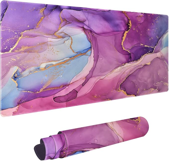 Purple Pink Gold Marble Non-Slip Rubber Large Mouse pad for Desk,Large Gaming Mouse Pad XXL Extended Mouse pad with Stitched Edges Non-Slip Base Water Resist Pad Desk Mat 35.4x15.7inch