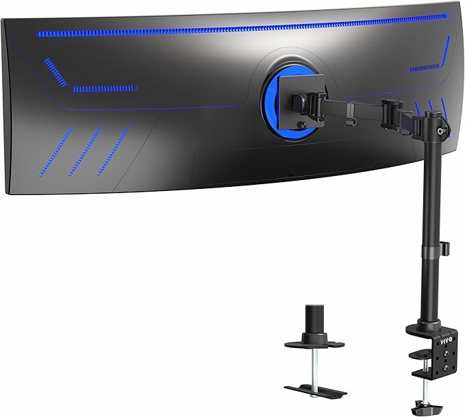 VIVO Single Ultra-Wide Monitor Desk Mount for up to 49 inch Ultrawide Screens, Clamp-on Adjustable Stand Holds 44 lbs, VESA up to 100x100mm, Black, STAND-V100M