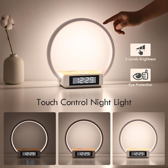 Sunrise Alarm Clock Bedside Lamp with Wireless Charging, Touch Table Lamp for Nightstand, Bedside Lamp Wake-up Light,Snooze Nightlight 3 Dimmable Brightness Levels, Idea Gift for Women,Men,Teens,Adult