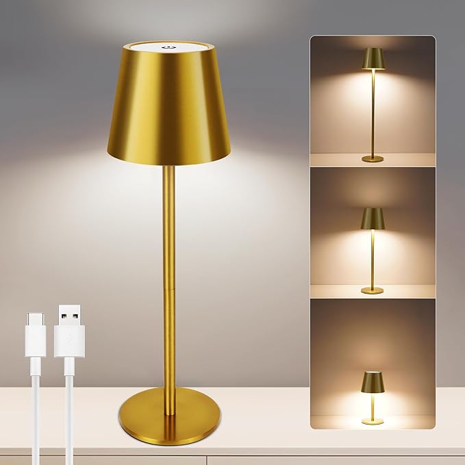 Gold Cordless Table Lamp,8-20 Inches Adjustable Height, 5000mAh Rechargeable LED Desk Lamp, 3 Color Stepless Dimmable, Portable Table Light for Indoor/Outdoor