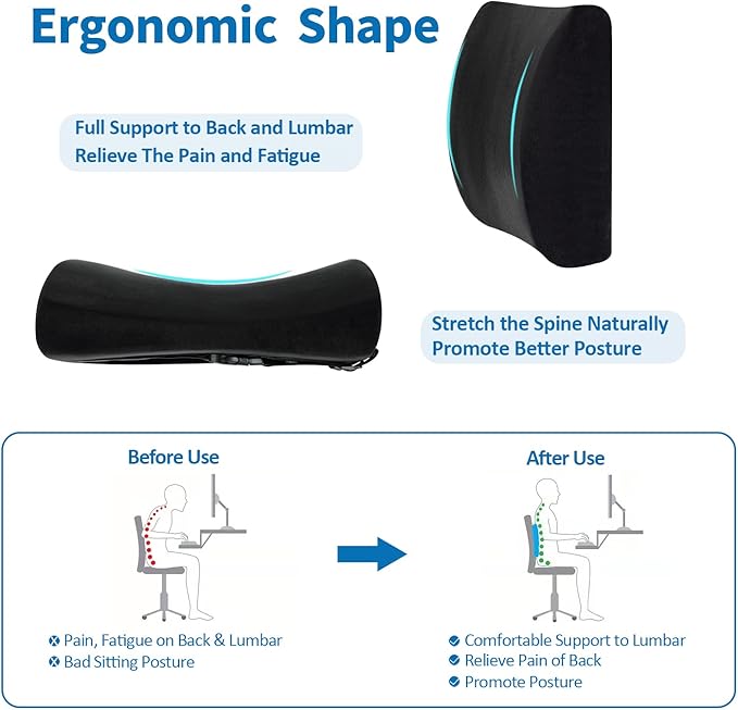 SAIREIDER Comfortable Lumbar Support Pillow for Office Chair, Memory Foam Back Support Pillows for Car、Gaming Chair、 Home Chair, Back Support Improve Posture, Double Adjustable Straps(Black)