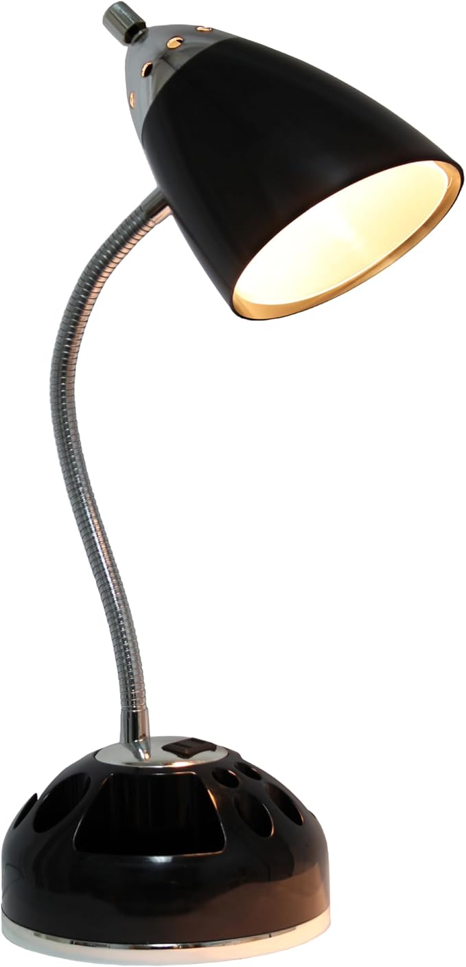 Simple Designs LD1015-BLK Flossy Organizer Desk Lamp with Charging Outlet and Lazy Susan Base, Black