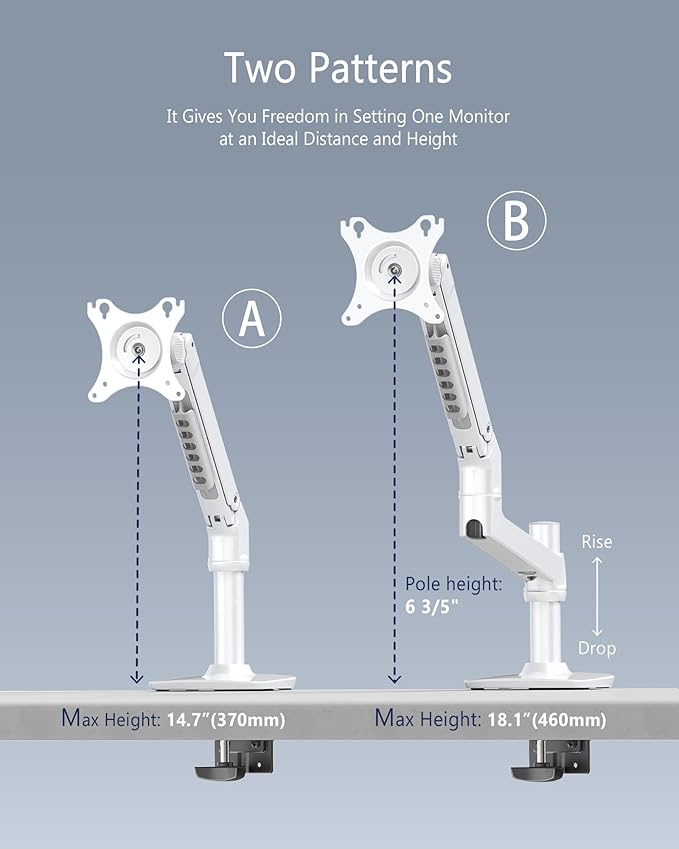 Heavy Duty Single Monitor Arm, Mechanical Spring Desk Mount for 13-40 Inch Ultrawide Screens, Holds up to 25lbs, High-Grade Aluminum VESA Mount with C-Clamp & Grommet Base, No-Droop, White