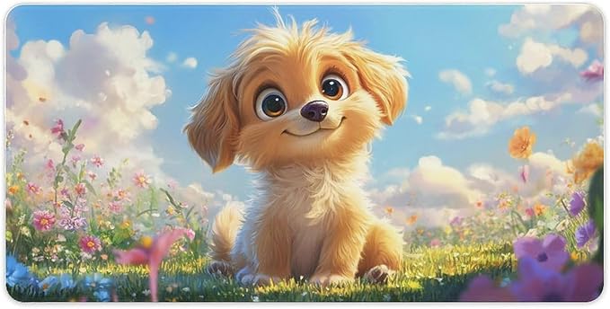 Large Ergonomic Gaming Mouse Pad Fluffy Puppy in Sunny Meadow - Cute Dog Theme with Non-Slip Base Water-Resistant Surface and Stitched Edges 30x60cm