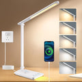 LED Desk Lamp for Home Office, USB Charging Port, Reading Desk Light with 5 Color Temperatures, Stepless Dimming, Table Lamp with Timer, Night Light, Foldable Desk Lamp for College Dorm Room (White)