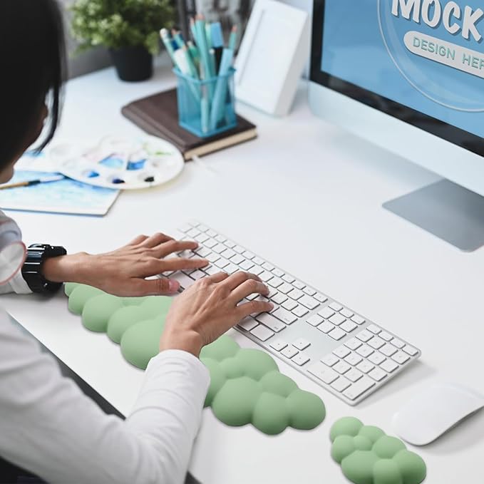 Cloud Wrist Rest Keyboard, PU Leather Memory Foam Wrist Rest for Computer Keyboard, Ergonomic Keyboard Wrist Rest and Cute Mouse Wrist Rest for Gaming,Office,Computer,Typing,Pastel Green