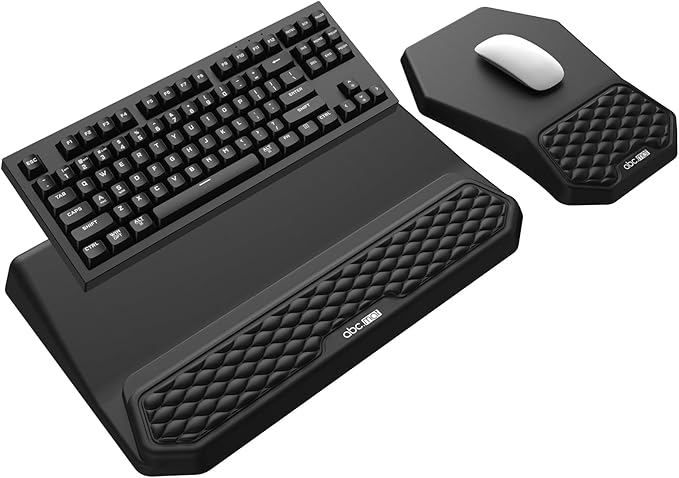 3-in-1 Ergonomic Keyboard Stand with Wrist Rest & Mouse Pad Set, Comfy Keyboard Riser Holder Soft Mousepad with Massage Design, Memory Foam and Non-Slip PU Base for Wrist Support, Black