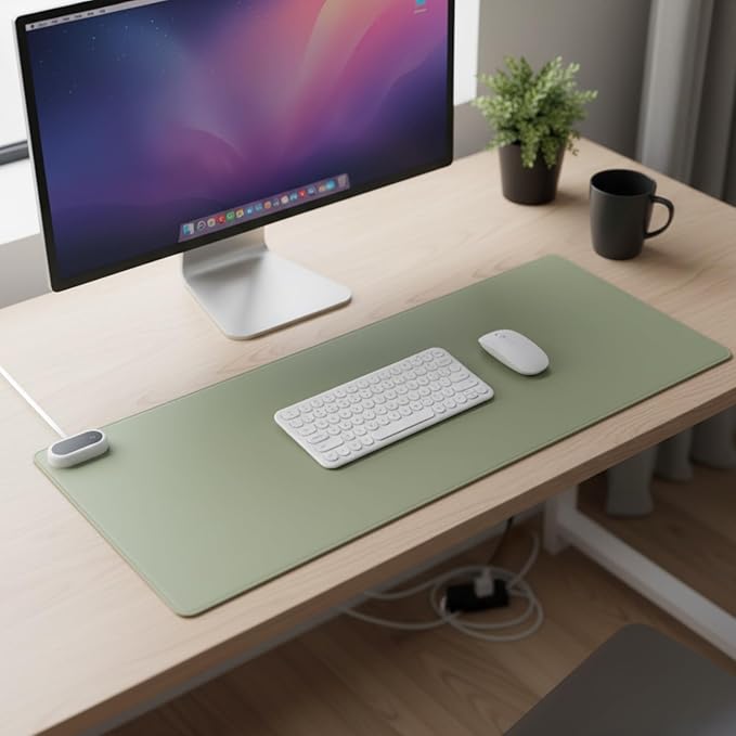 Konohan Heated Desk Pad Warm Mouse Pad, 5 Heating Level & 4 Hour Auto Shut-Off, PU Leather Warm Mouse Mat Heating Keyboard Gaming Mice Warmer Mat Only Supports 110v(Gray-Green Color,35.4"x 14.2")
