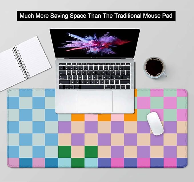Colorful Checkered Desk Mat, Retro Purple Pink Blue Green XXL Large Mouse Pad, Aesthetic Big Computer Mouse Mat for Office, Rubber Base Mousepad Desk Pad with Stitched Edges, 35.4 x 15.7 in