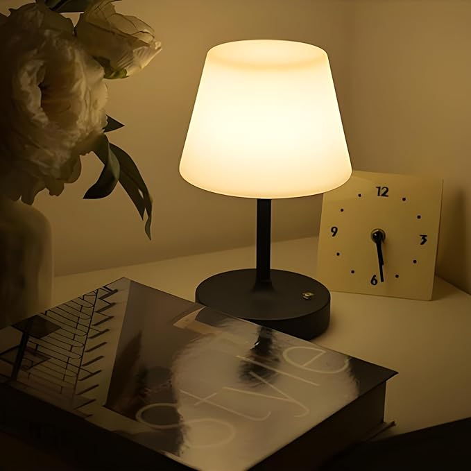 Modo LED Cordless USB-C Re-Chargeable Desk Lamp, 5200mAh Battery Operated with 3 Color Temperature 2700K-3000K-3500K and Fingertip Touch On/Off Plus Dimming in Black with White PC Shade