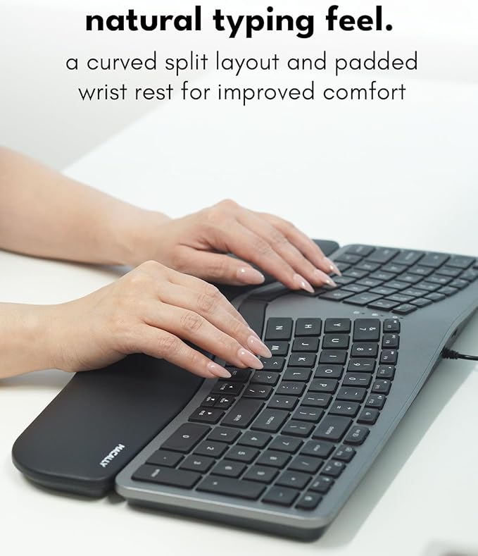 Macally Wired Ergonomic Keyboard for Mac - USB Hub, Backlit Keys, Dual USB C + A Plug, Split Design, Padded Wrist Cushion - Compatible Apple Keyboard for MacBook Pro/Air, iMac, iPad - Space Gray
