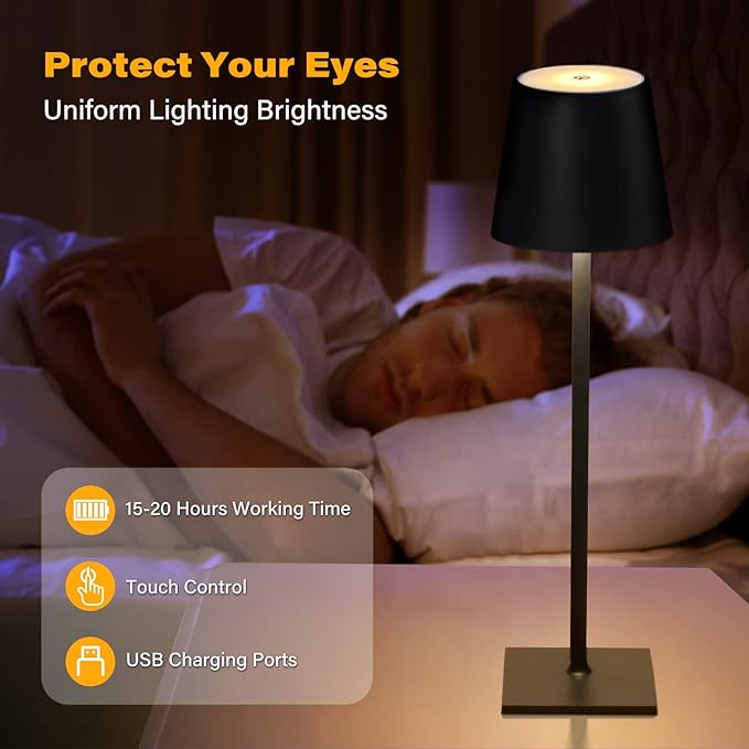 2 Pack Cordless Table Lamps, 3 Colors Stepless Dimming, 5000mAh Rechargeable Battery LED Desk Lamp for Bedroom/Couple Dinner/Desk/Cafe/Dining Room/Terrace