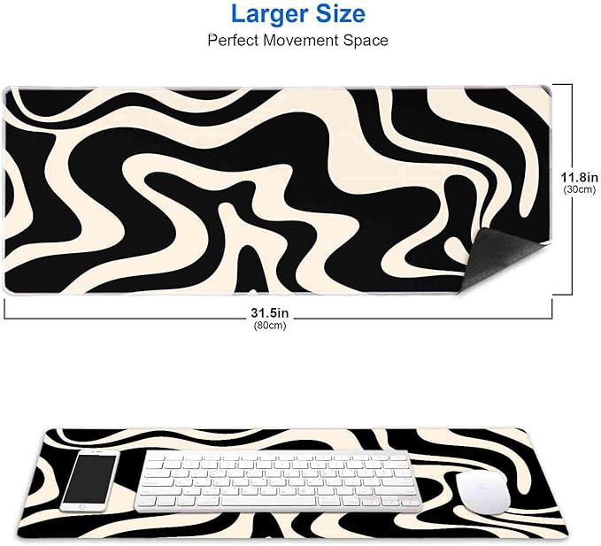 IMAYONDIA Black White Swirl DeskMat, Abstract Ink Liquid Waves Extended Gaming Mouse Pad Large, Retro Abstract Pattern Big Mouse Pad, Long Computer Keyboard Mouse Mat for Home Office Work 31.5x11.8