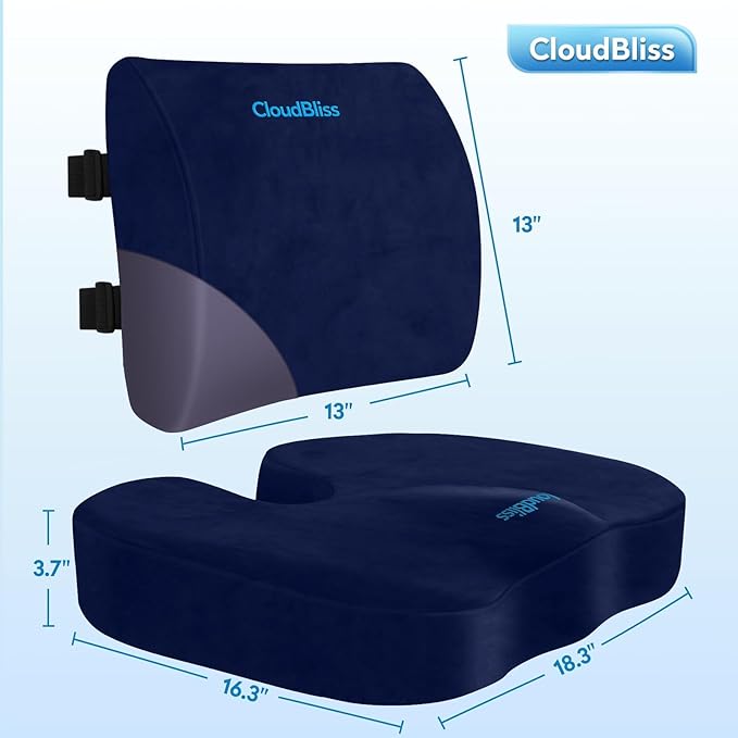 CloudBliss Seat Cushion, Office Chair Cushion, Car Seat Cushion, Lumbar Support Pillow for Office Chair, Back Support Memory Foam Pillow Coccyx Cushion for Tailbone & Coccyx Support, Blue, X-Large