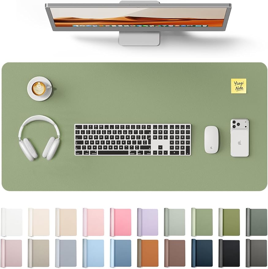 YSAGi Leather Desk Protector, Office Mat, Large Mouse Mat, Non-Slip PU Leather Blotter, Laptop Desk, Waterproof Writing Pad for Office and Home (Bamboo Green, 35.4" x 17")