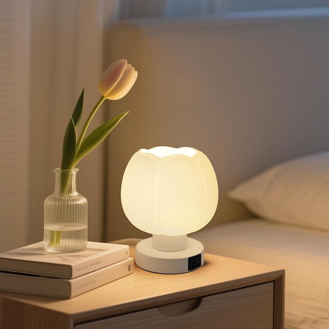 Touch Bedside Lamp with USB C+A Charging Ports,Tulip Flower Lamp with White Glass Lamp Shade, Warm LED Bulb, 3 Way Dimmable, Small Table Lamp for Bedroom Nightstand Living Room