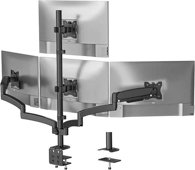 WALI Quad Monitor Mount for 13-27 inch Screens, Extra Tall 4 Monitors Desk Mount, up to 19.8lbs, 32.2 inch Height Max, Fully Adjustable Gas Spring 4 Monitor Arms, VESA 75/100mm (GSDM004S), Black