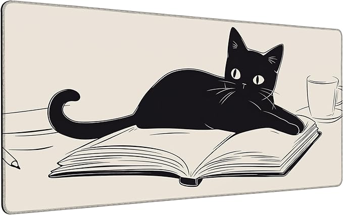 Large Mouse Pad 35.4x15.7 Inch Coffee, Cat and Book Gaming Desk Mat with Non-Slip Rubber Base, Stitched Edges for Gaming,Office