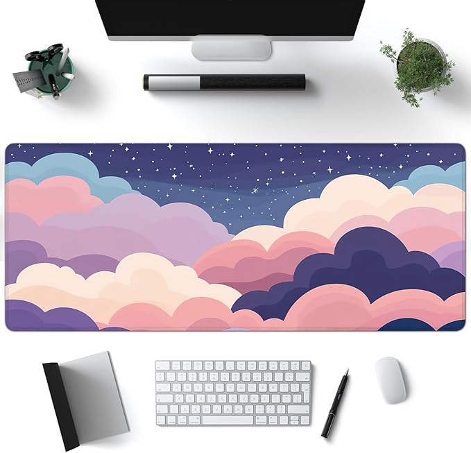 Desk Mat, Cute Colorful Clouds XXL 35.4"x15.7"Large Gaming Mouse Pad, 3mm Thick Gaming Keyboard Pad,Desk Pad Non-Slip Rubber Base with Stitched Edges for Office Game Home Decor