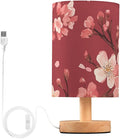 Red Cherry Blossom LED Table Lamp, Bedside Lamp with Linen Lampshade, Flicker-Free Eye Care USB Plug in Nightstand Lamp, for Bedroom and Office