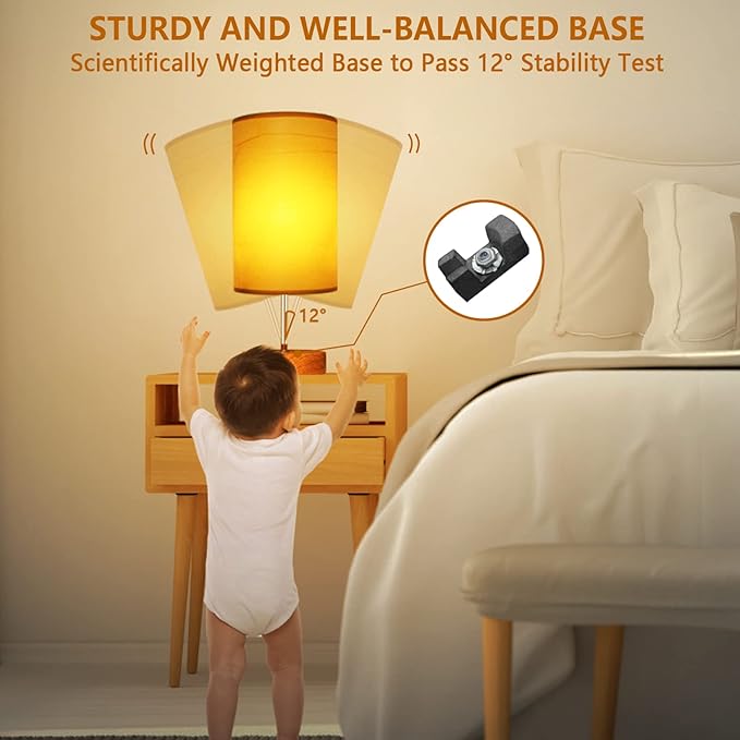 HiBay 17.75" Touch Bedside Table Lamp with USB Charging Ports & AC Outlet, Farmhouse Wood-Grain 3-Way Dimmable LED Nightstand Light with Parchment Shade for Bedroom Home Office Decor