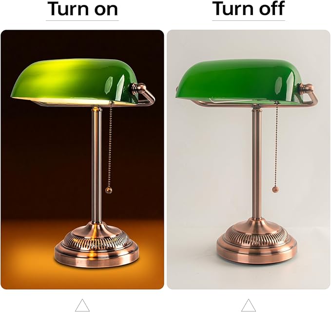FIRVRE Green Glass Bankers Desk Lamp, Traditional Banker's Lamp, Vintage Desk Lamp with Pull Chain Switch, Retro Table Lamps for Home Office, Library, Piano