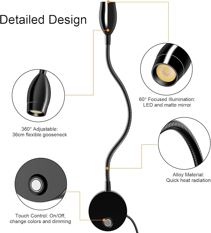 ERAY LED Wall Mounted Reading Light, Bedside Reading Lights for Bed with Touch Control, 3 Dimmable, 360°Flexible Gooseneck Headboard Book Reading Lamp Wall Sconce, 3000k-6000k-1 Pack