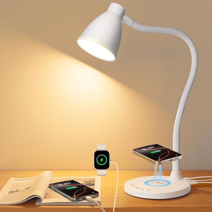 BOHON Desk Lamp for Home Office, LED Desk Light with USB C+A Charging Ports, Wireless Charger, 5 Colors Stepless Dimming Reading Light Timer, Touch Bedside Table Lamp for College Dorm Room White