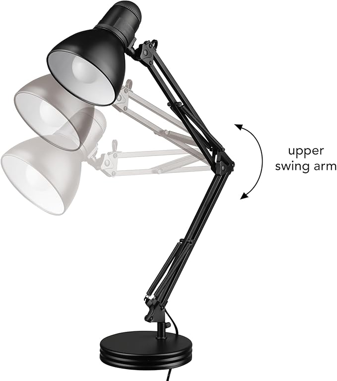 Globe Electric 5698601 28" Heavy Base Top Moving Spring Balanced Swing Arm Desk Lamp, Black, On/Off Rotary Switch on Shade, Office Decor, Reading Light, Home Essentials, Room Lighting