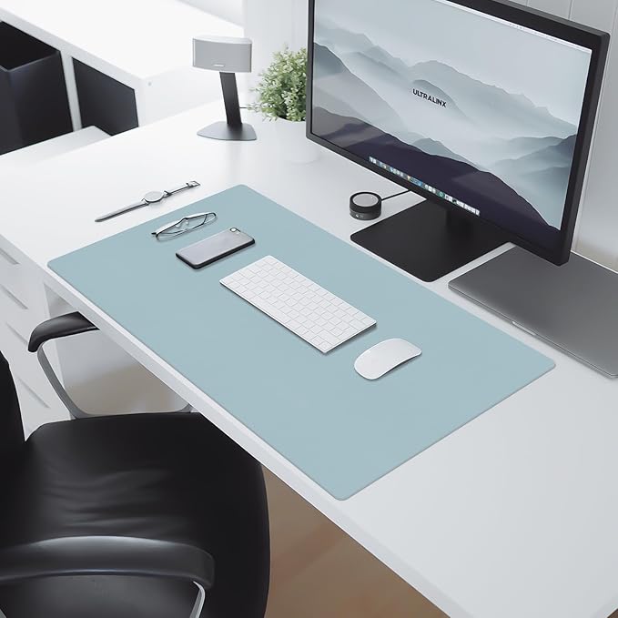 Large Desk Pad Mat, Leather Blue Desk Mat for Desktop, Computer Desk Mouse Pad Non-Slip, Waterproof Keyboard Mat for Office/Home/Decor, 31.5" x 15.7"