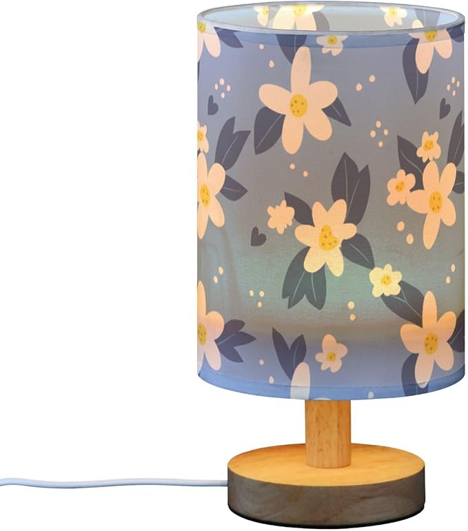 Blue Floral LED Table Lamp, Bedside Lamp with Linen Lampshade, Flicker-Free Eye Care USB Plug in Nightstand Lamp, for Bedroom and Office