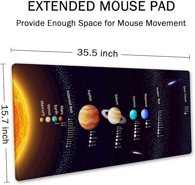 SSOIU Extended Gaming Mouse Pad XXL ArtSo Large Keyboard Mat Long Mousepad Desk Decor Writing Pad Non Slip Rubber Base Stitched Edges for Work, 35.5" x 15.7", Solar System with Scientific Information