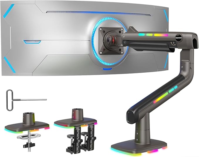 HUANUO TitanLift Monitor Arm for Ultrawide Screens up to 49″, Heavy-Duty Single Mount Holds 44 lbs, Fully Adjustable Gaming Monitor Arm with C-Clamp & Grommet Base, Max VESA 100 x 100mm, RGB