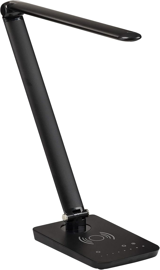 Pemberly Row Pivoting LED Lamp, Black Finish, Wireless Charging Pad & USB Port, Adjustable Neck with 4 Color Temperatures, Flicker-Free Light for Desktop or Bedside Use, 5" W x 16" D x 16.75" H