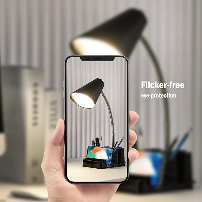 LED Desk Lamp with 1 USB Charging Port and 1 AC Outlet, Organizer Base, Adjustable Neck, On/Off Switch, Modern Table Lamp for Reading, Working, Studying, Gentle Warm White Light, Eye Protect(Black)