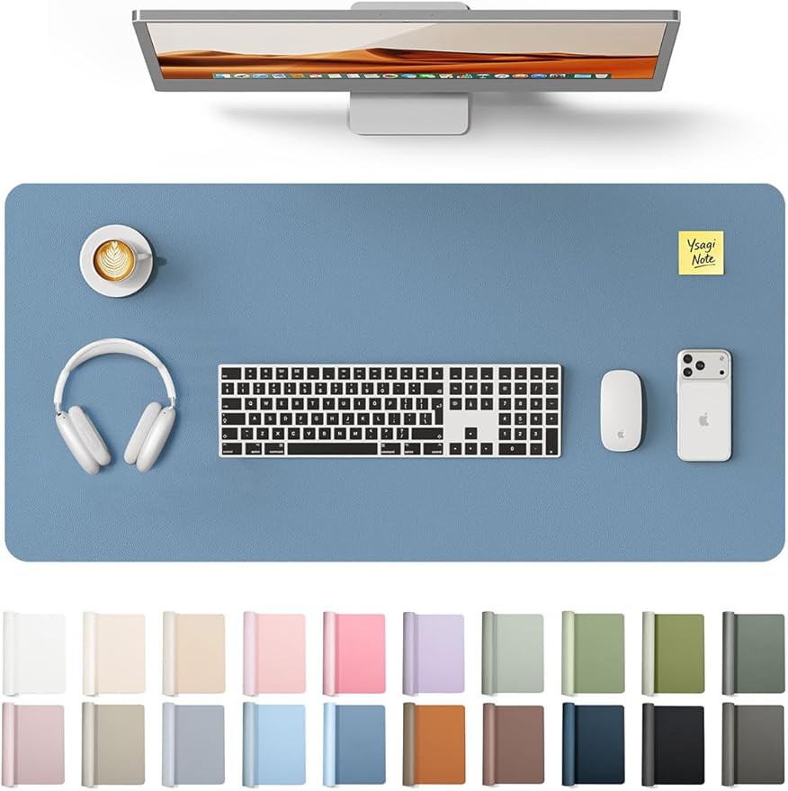 YSAGi Leather Desk Protector, Office Mat, Large Mouse Mat, Non-Slip PU Leather Blotter, Laptop Desk Pad, Waterproof Writing Pad for Office and Home (Blue, 35.4" x 17")