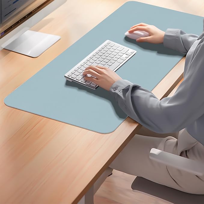Large Desk Pad Mat, Leather Blue Desk Mat for Desktop, Computer Desk Mouse Pad Non-Slip, Waterproof Keyboard Mat for Office/Home/Decor, 31.5" x 15.7"